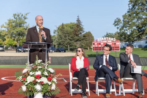 大卫·C. 威尔斯 ?98 spoke at the dedication for 威尔斯 Family Stadium on Sept. 29, 2023.